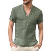 Men Solid Color Button V Neck Patch Pocket Linen Short Sleeve T-Shirt Summer Top