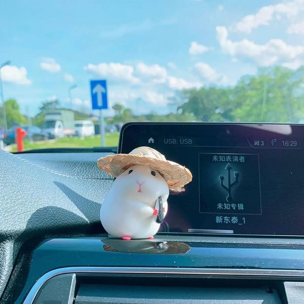 1PC Cute Hamster with Straw Hat Car Ornament,Car Decoration Auto Interior Dashboard Accessories