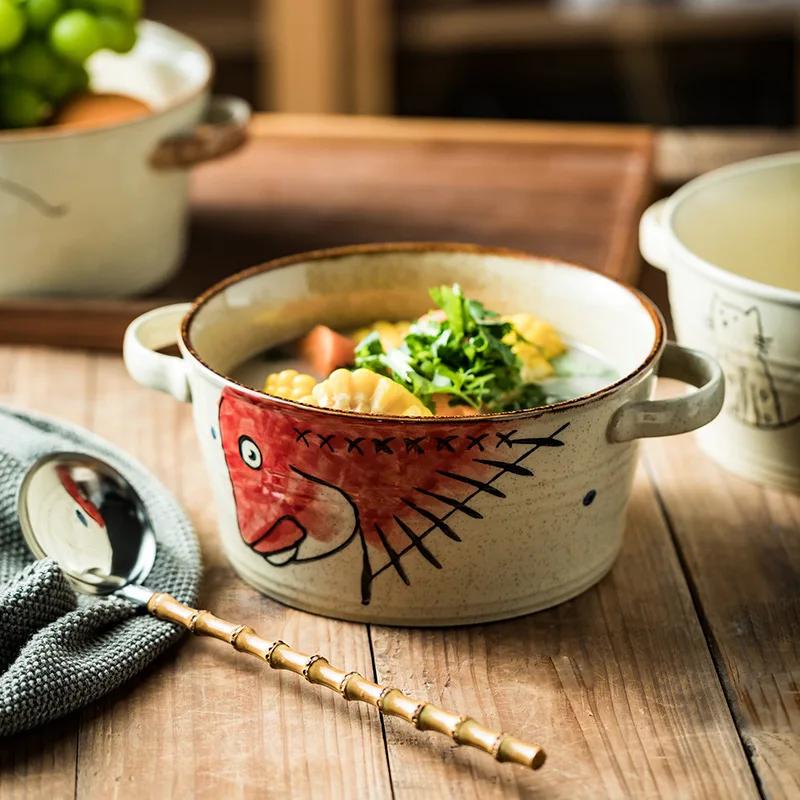 Tableware Japanese hand-painted double ear soup bowl Large capacity ramen bowl Instant noodle bowl Dumpling
