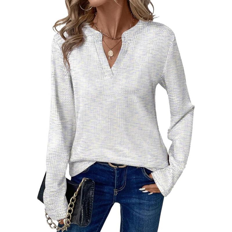 Women V Neck Long Sleeve Loose Fit Casual T Shirt