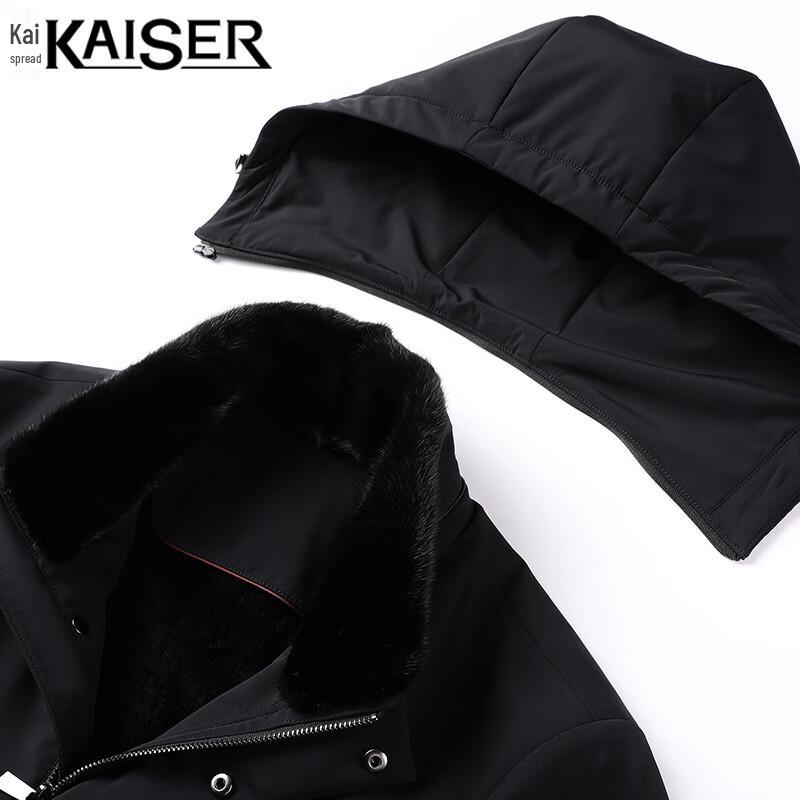 Caesar Men's Hooded Mid-Length Down Jacket with Mink Collar & Rabbit Fur Lining