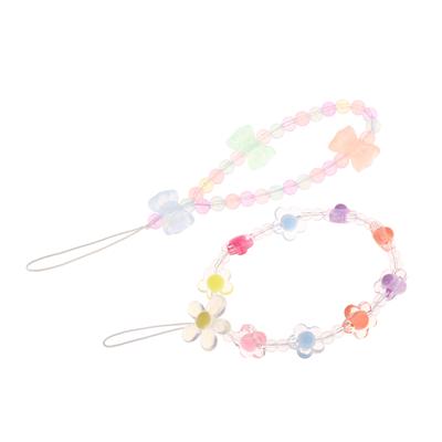 Flowers Phone Chain Strawberry Beads Pendant Charm Sweet Bowknot Hanging Rope Anti-Lost Lanyard Wrist Strap Bag Decor