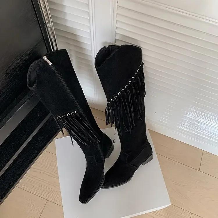 Mote Etniske kvinner Støvler Firkantet hæl Side Glidelås Cowboy Boots Retro Kne Støvler Ny mote Dusk Lange Botas Dame Sko