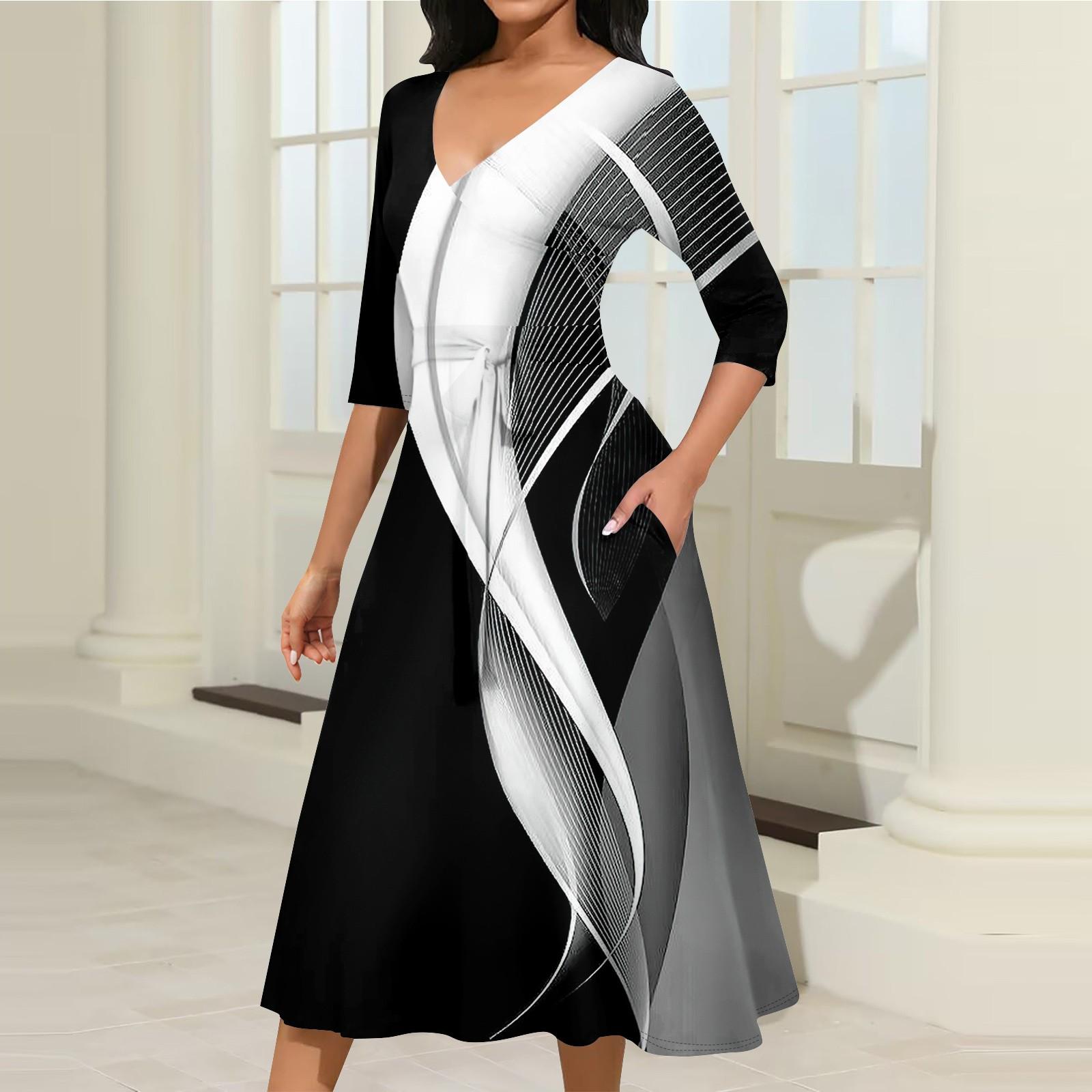 

Женское повседневное модное платье миди с V-образным вырезом и рукавом три четверти XL чёрный