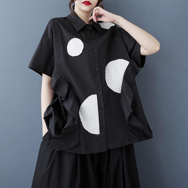 Kortärmad överdimensionerad bomullsvintage prickig skjorta & blus för blus Casual lös sommartoppar damer knappskjorta