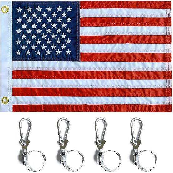 Embroidered Stars Boat Flag 12x18 Inch - American Boat Flag Kit with 4 Clips Heavy Duty Nylon Sewn Stripes US Pontoon Boat Marine Flags Banner with 2