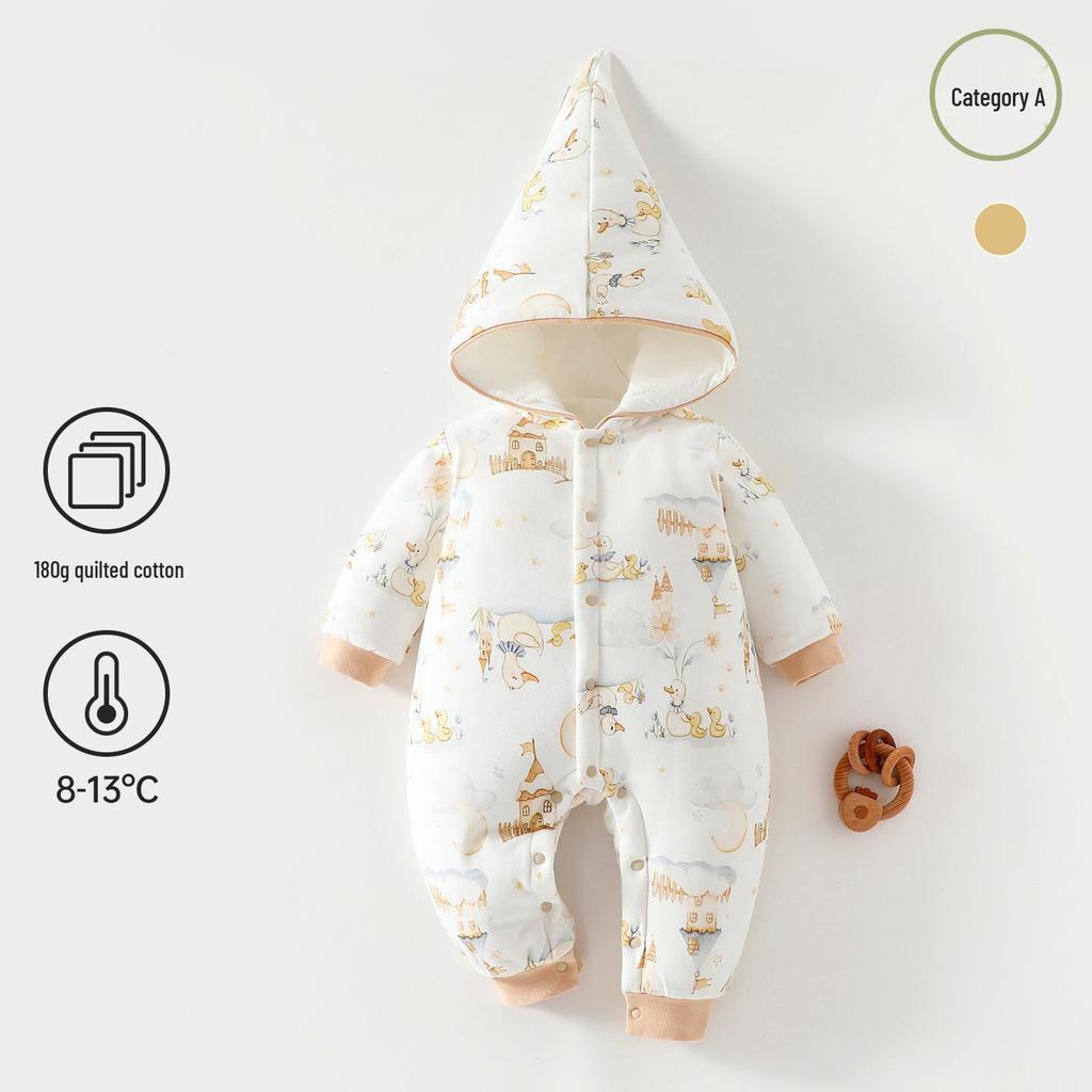 180g Thick Padded Hooded Baby Jumpsuit for Autumn/Winter - Warm Cotton Romper for Boys & Girls
