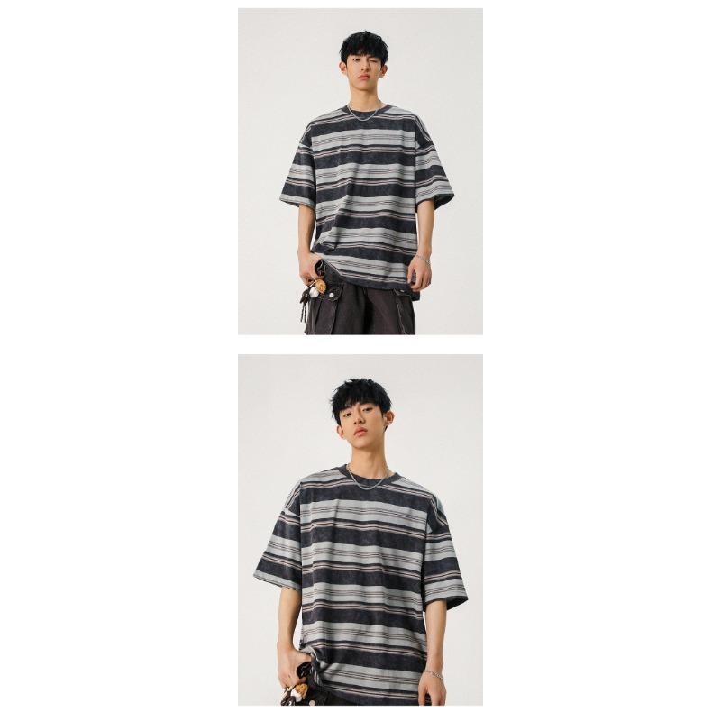 Herren Gestreiftes Lockeres Rundhals Casual Kurzarm T-Shirt