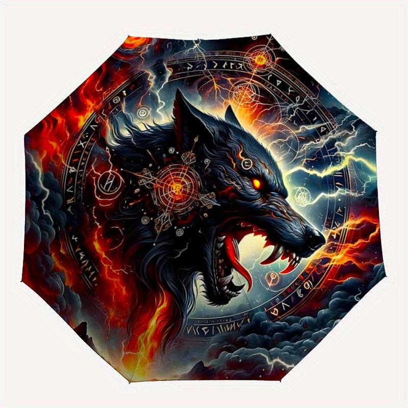 1pc A Fiery Wolf amidst Celestial Symbols Pattern Automatic Umbrella is Fashionable and Good-Looking, Suitable for Travel and Daily UseC014