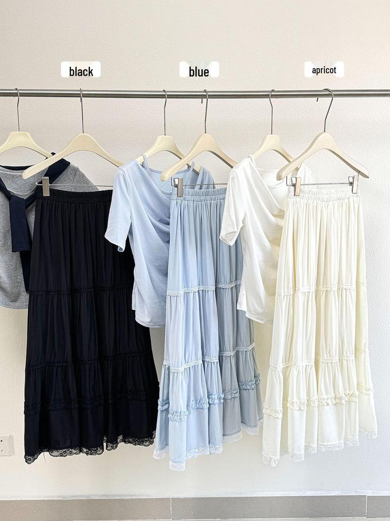 2026 Spring/Summer A-Line Wood Ear Lace Trimmed Mid-Length Skirt with Flowy Layered Hem