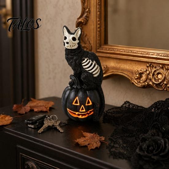 Halloween Showcase Decoration Skull Black Cat Pumpkin Figurine, Gothic Statue with Hollow Ribs, Non-peeling Paint Ornament Spooky for Desktop Outdoor