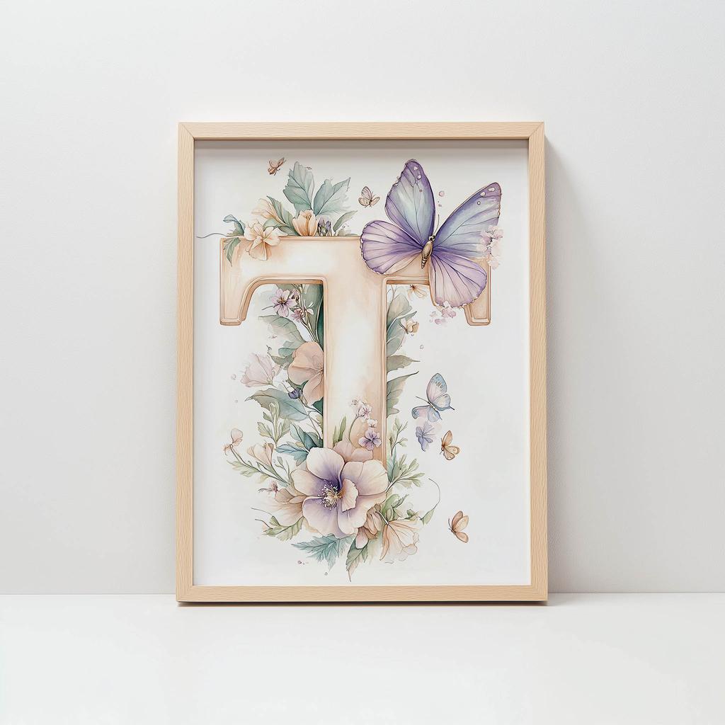 Poster Buchstabe "T" In Blumen Und Schmetterlingen Poster Buchstabe "T" In Blumen Und Schmetterlingen, 30X40 Cm, Ohne Rahmen, Mattes Papier 230 Gsm