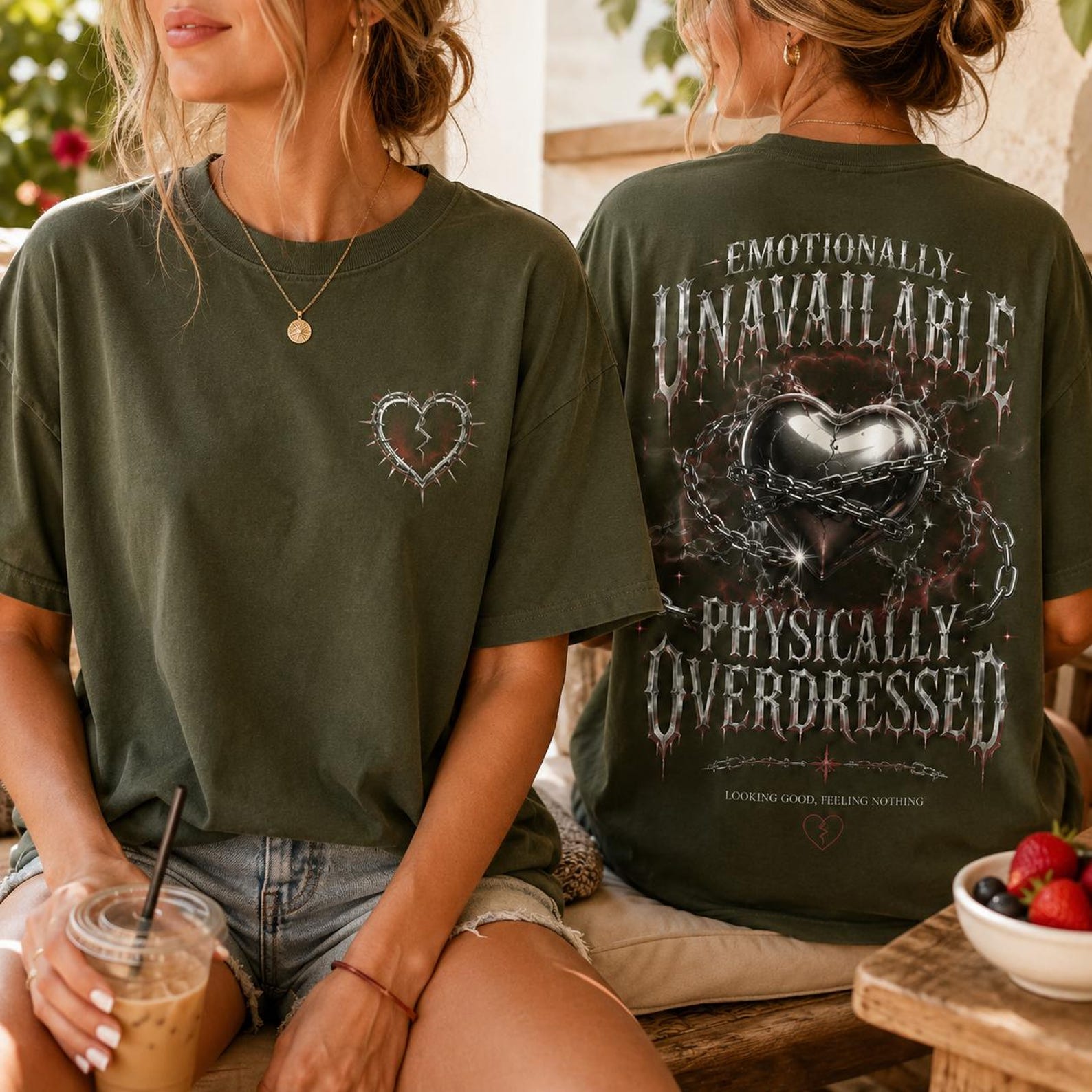 Emotionally Unavailable Shirt, Physically Overdressed Gothic Tee, Double Sided Black Heart Graphic, Grunge Streetwear Gift XL