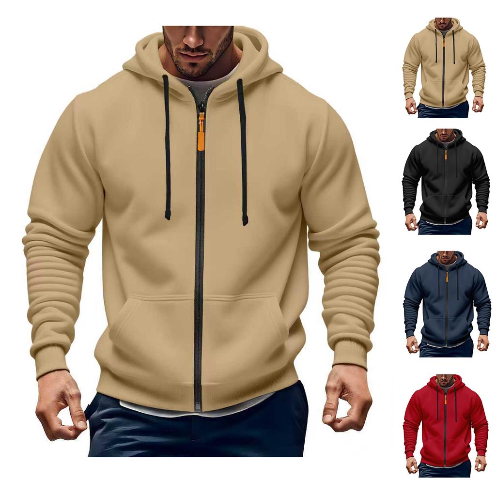 Felpa con cappuccio da uomo invernale foderata con zip, Felpa con cappuccio casual spessa, Giacca