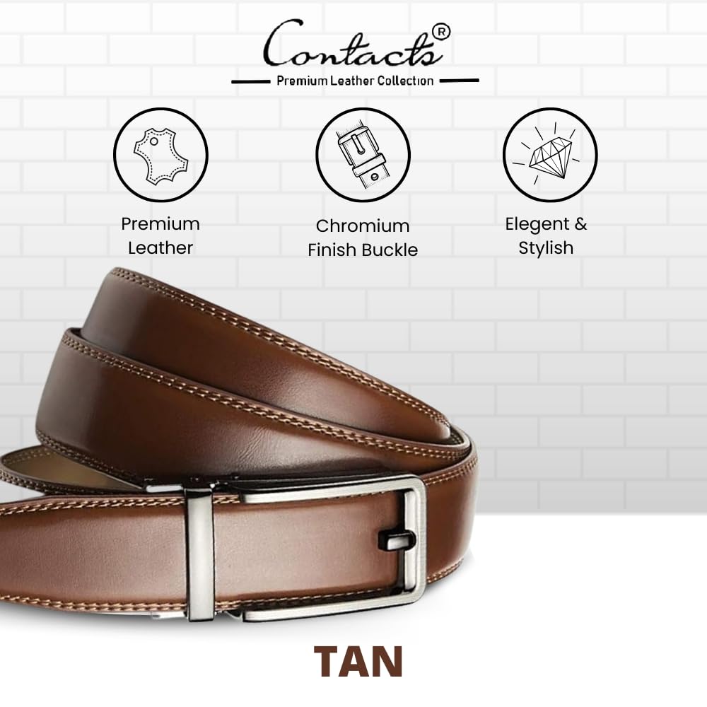 [Contacts] Men's Genuine Leather Auto-Lock Buckle Belt, One Size Fits All, Tan