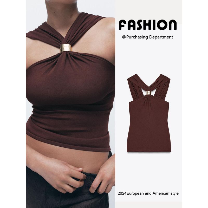 Za2025 Spring New Women's Clothing Silm Gold Inlaid Wide Shoulder Strap Hanging Collar Knitting Tops 4938116
