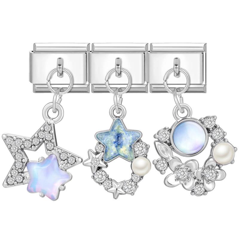 Y2K 3PCS Colorful Crystal Zircon Pendant Moon Star Bow Italian Charm Links Stainless Steel Fit 9mm Bracelet Jewelry DIY Making