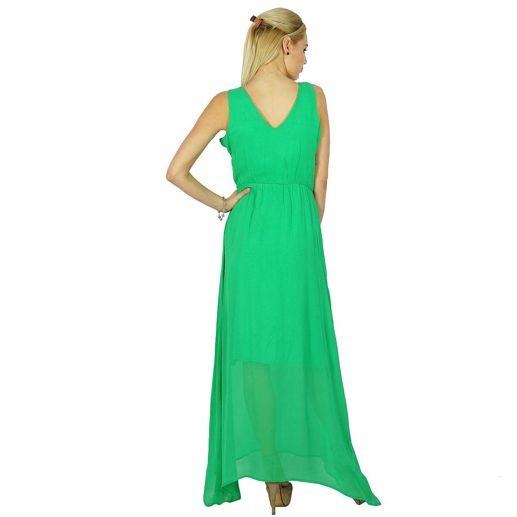 Bimba Women Long Green Maxi Half Lined Dress Hand Beaded Neck Sleeveless