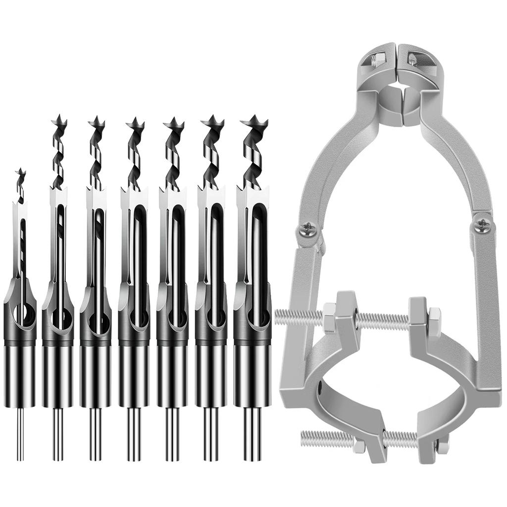Square Hole Drill Bit Adapter with 7 Drill Bits Carbon Steel Square Hole Drill Fixing Bracket Woodworking Mortising Chisel Kit