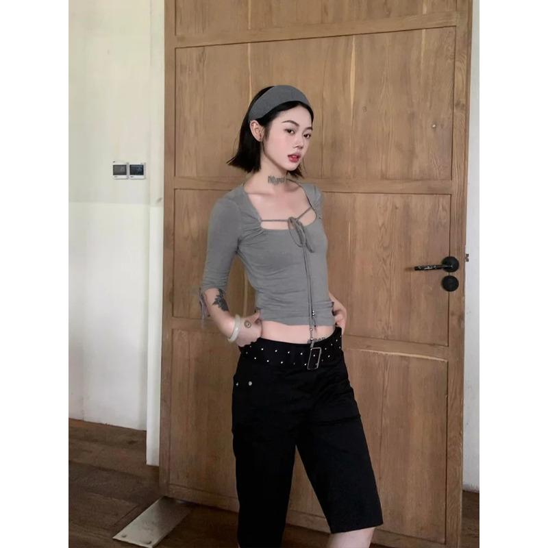 TrendHub Y2k Japanese T-shirt Women Slim Half Sleeve Lace Up Crop Tops Fairycore Japanese Tshirts Korean Style Streetwear