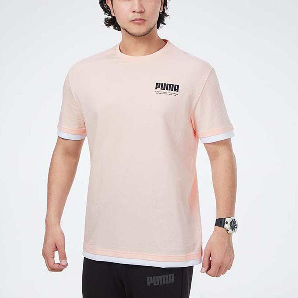 Puma Letter Print Two-In-One Short Sleeve Sports T-Shirt Men Tops Pink 845862-27