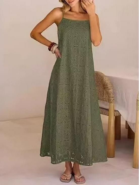 2026 European & American Sleeveless Women's Lace Dress - Solid Color with Button Straps