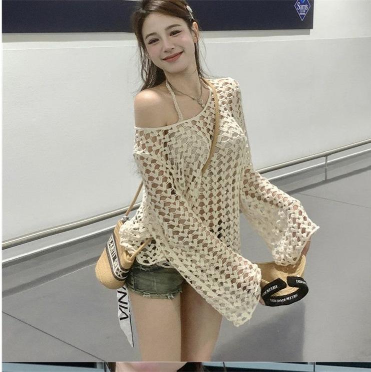 Embroidery hollow crochet women's long-sleeved top women's large-size versatile pullover with sunscreen shirt summer