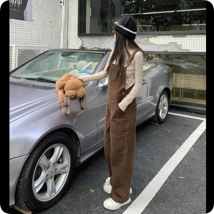 Retro Corduroy Overalls Female Students Loose Autumn Casual One-piece Wide-leg Pants