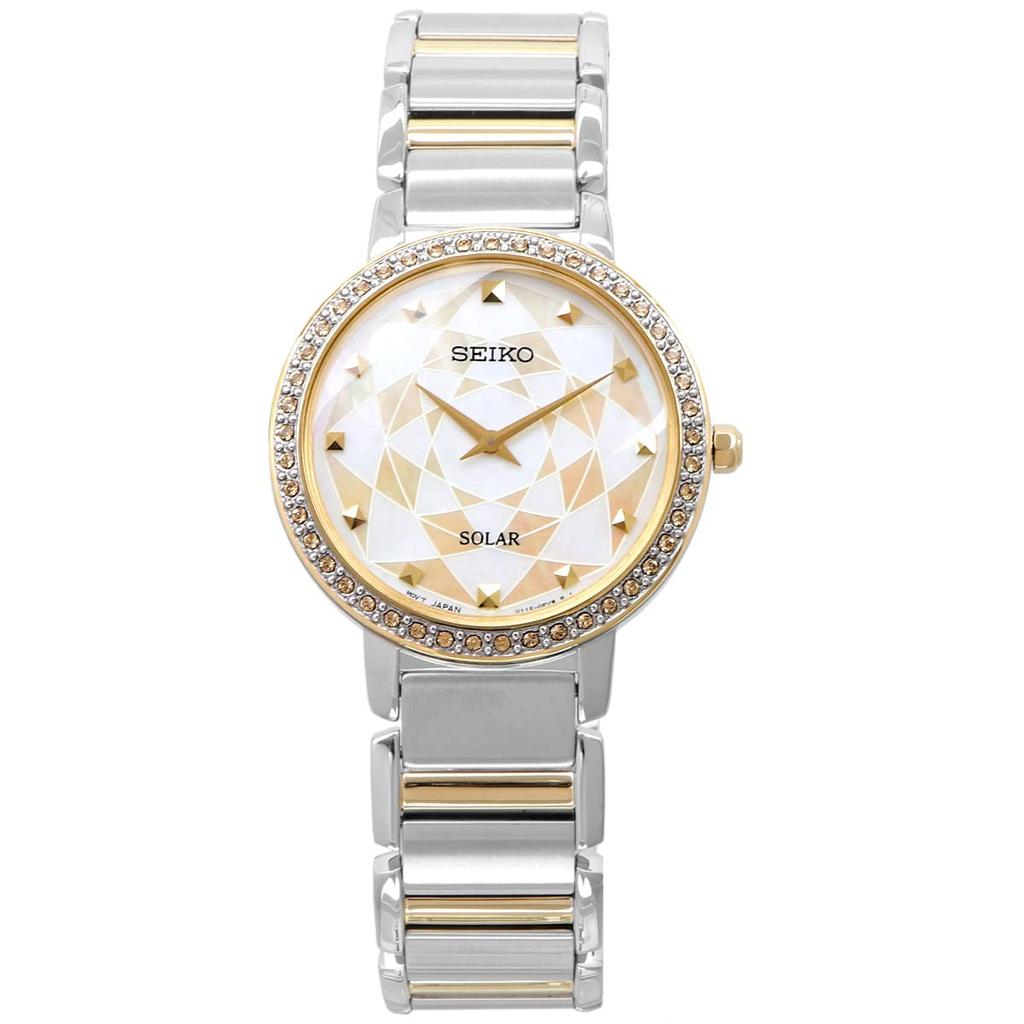 SEIKO Solar Quartz Watch, Overseas Model with Mother of Pearl Dial, Stainless Steel Band, Model SUP454P1, Women's