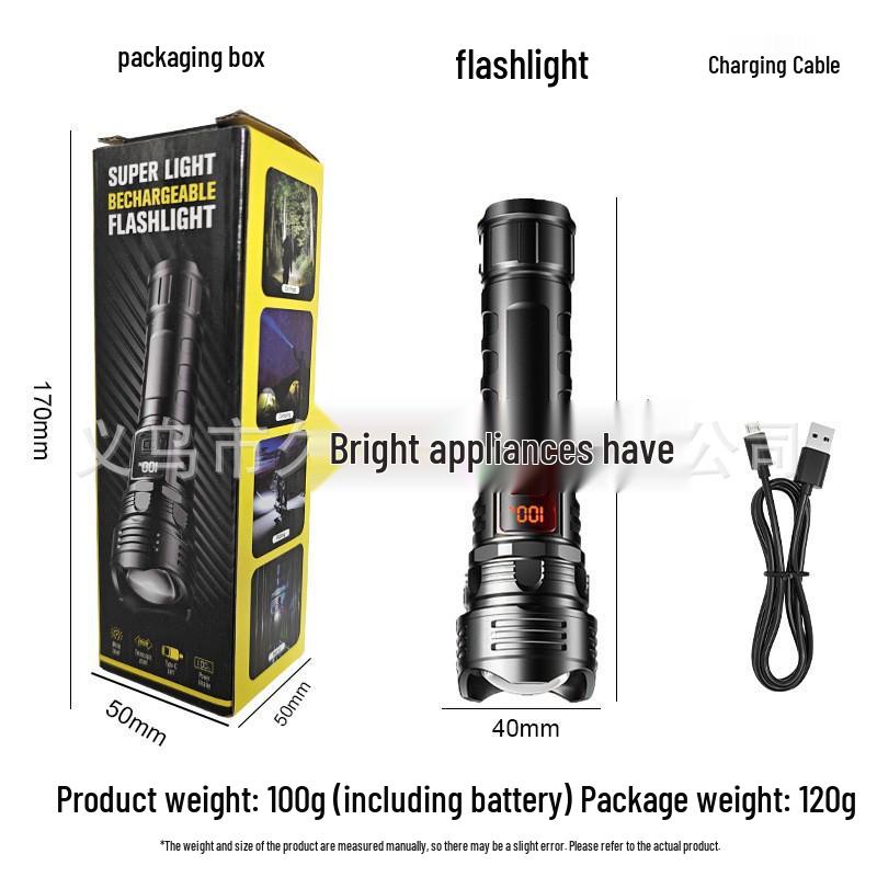 White Laser Flashlight with Telescopic Focus, LCD Display, Long Range, Rechargeable Battery, and Emergency Features