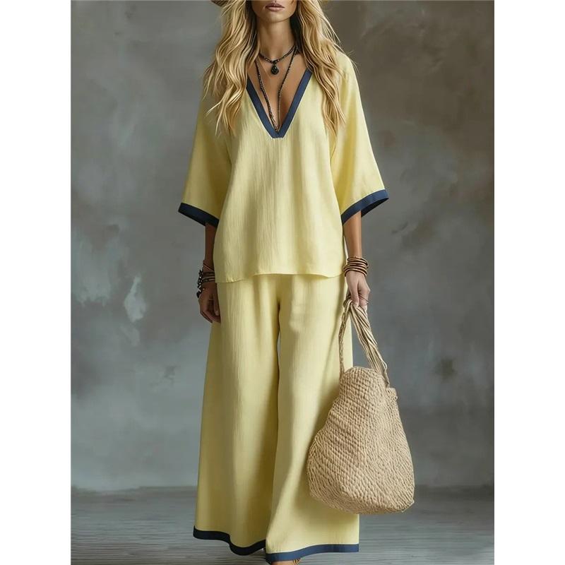 Ensemble deux pièces pour femme en coton et lin Bordure contrastante Col en V Manches courtes Haut ample Pantalon large Costume décontracté assorti XXXL jaune