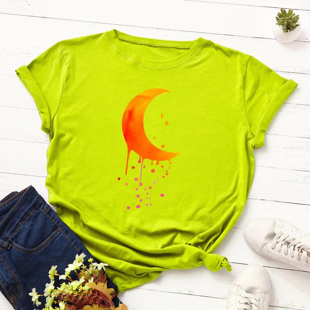 Orange Moon Print T Shirt Women Short Sleeve O Neck Loose Tshirt Summer Women Tee Shirt Tops Camisetas Mujer