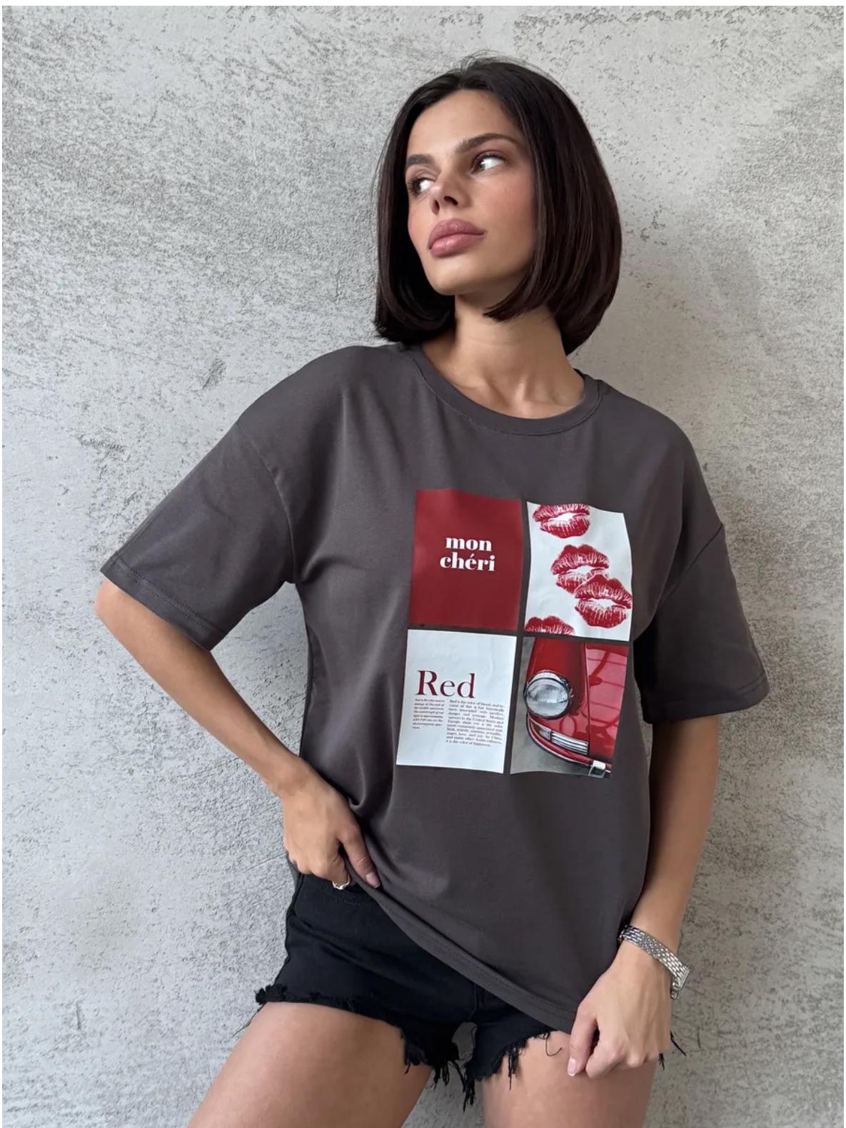 Women s Casual Summer Letter Print Short Sleeve Top - Lazy Style, Versatile Design Small темно-серого