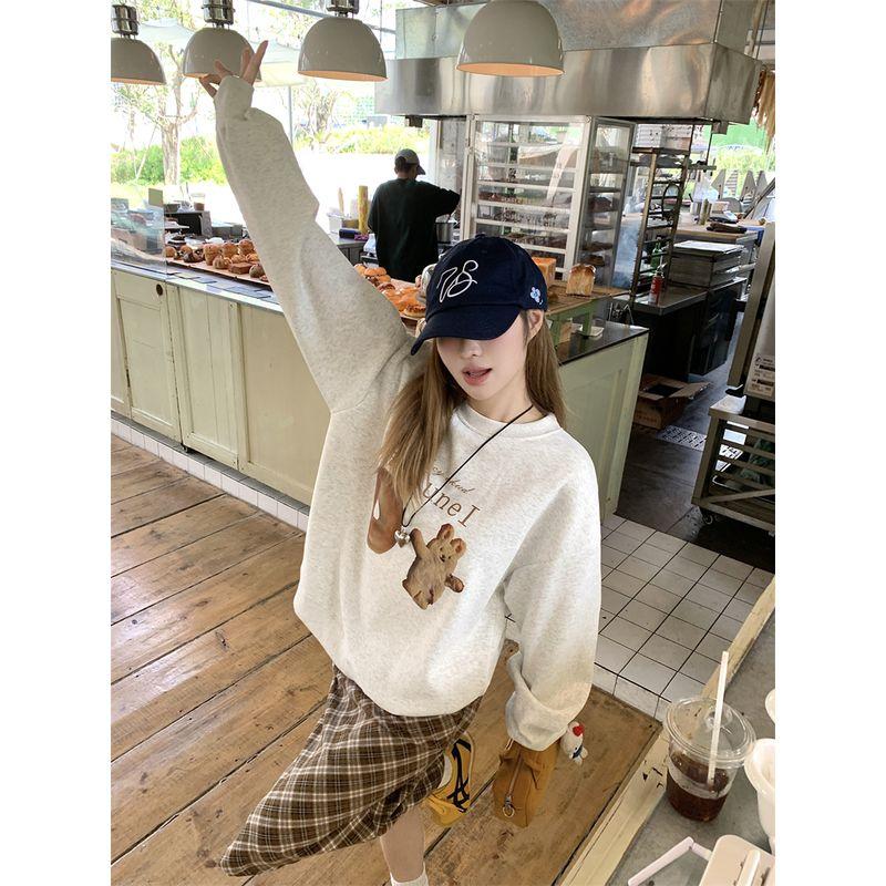 Kumikumi Sweet Style Bear Print Round Neck Temperament Long Sleeve Sweatshirt Female Autumn Loose Versatile Casual Top