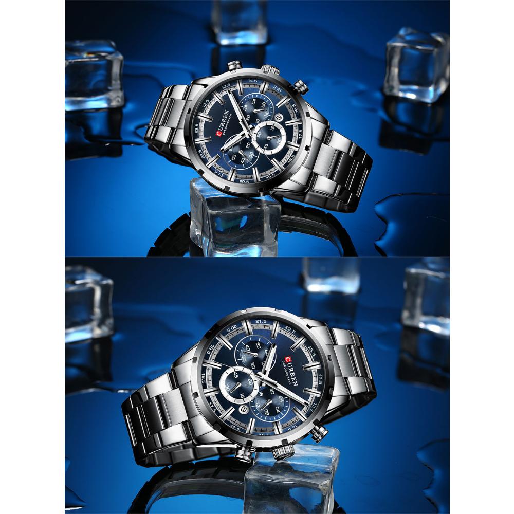 CURREN Herrenuhr Blaues Zifferblatt Edelstahlarmband Datum Herren Business Wasserdicht Herren Armbanduhren