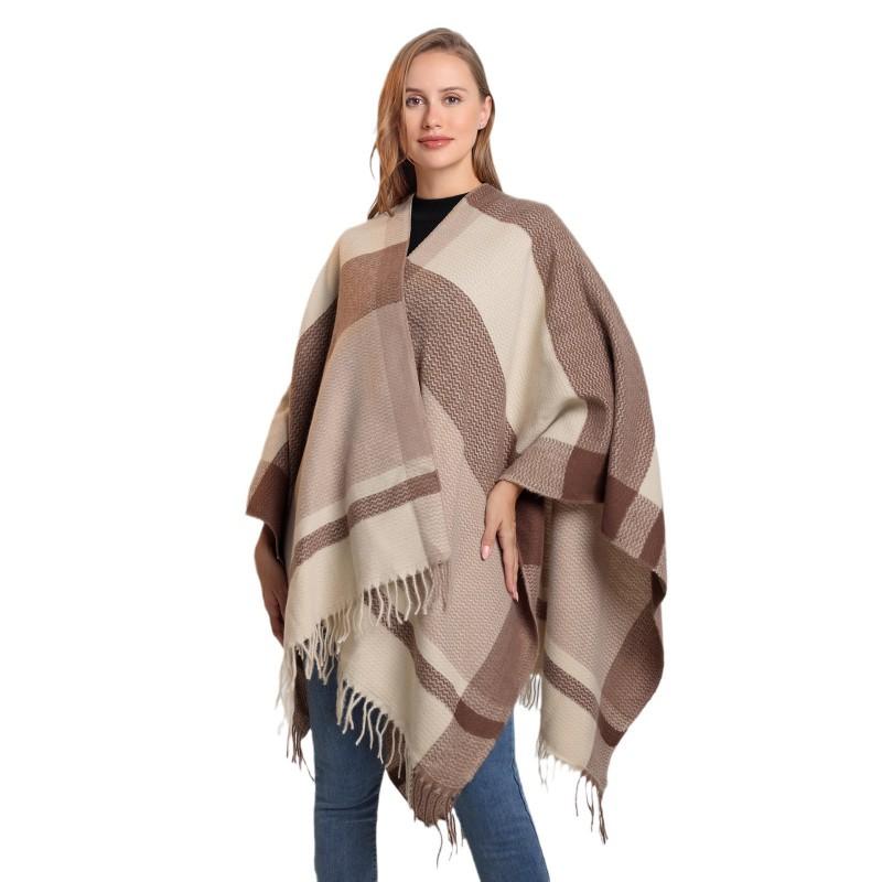 Damen Winter Schal Mit Fransen Schlitz Colorblock Karomuster Gestrickter Wickelschal Warmer Kunstkaschmir Umhang Büro