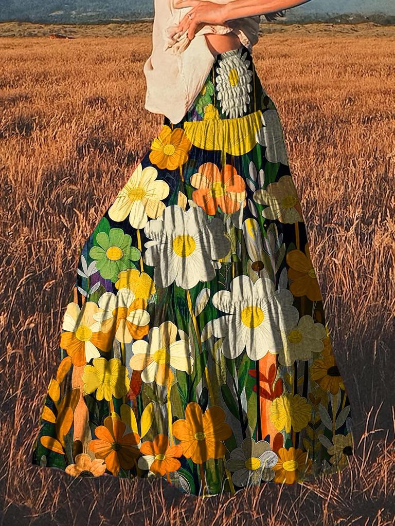 Europäischer & Amerikanischer Damen Blumen Bohemian Halber Rock mit Breitem Saum & Elastischem Bund