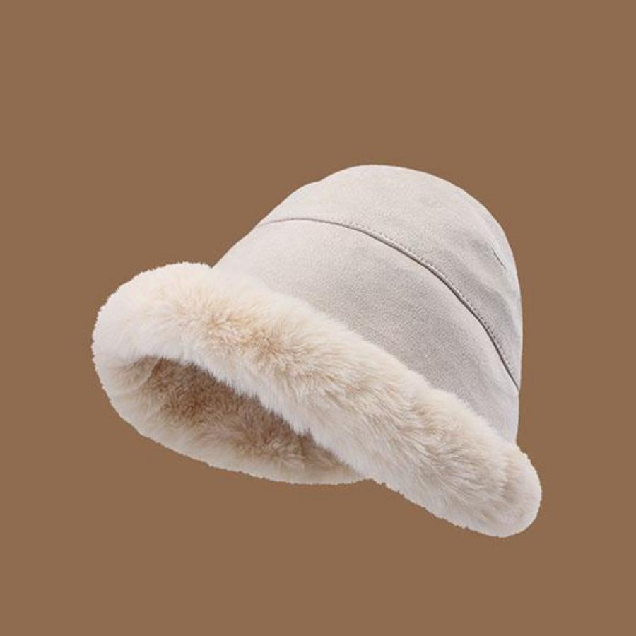 Sonbahar ve Kış Kadın Kova Şapka Kalınlaştırılmış Yün Sıcak Şapka Yuvarlak Üst Geniş Kenarlı Şapka Saf Renk Rüzgar Geçirmez Şapka Giysi Aksesuarları