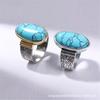 Japanese and Korean New European and American Style Large Oval Turquoise Two-color Ring Fashion Accessories