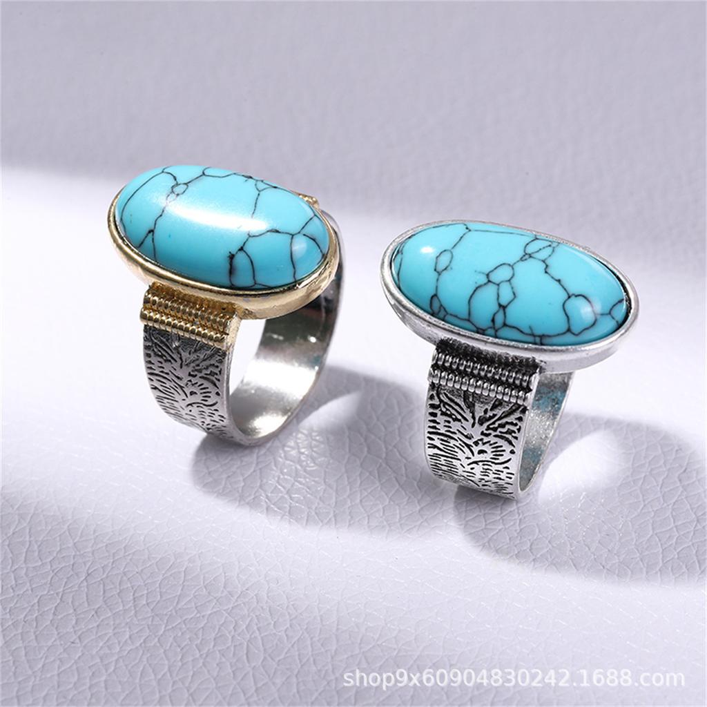 Japanese and Korean New European and American Style Large Oval Turquoise Two-color Ring Fashion Accessories