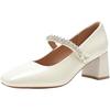 ZHR Mary Jane Pearl Strap Block Heel Pumps