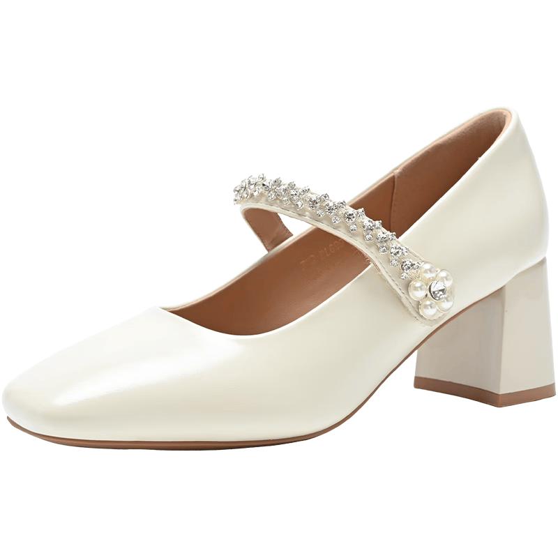 ZHR Mary Jane Pearl Strap Block Heel Pumps 37