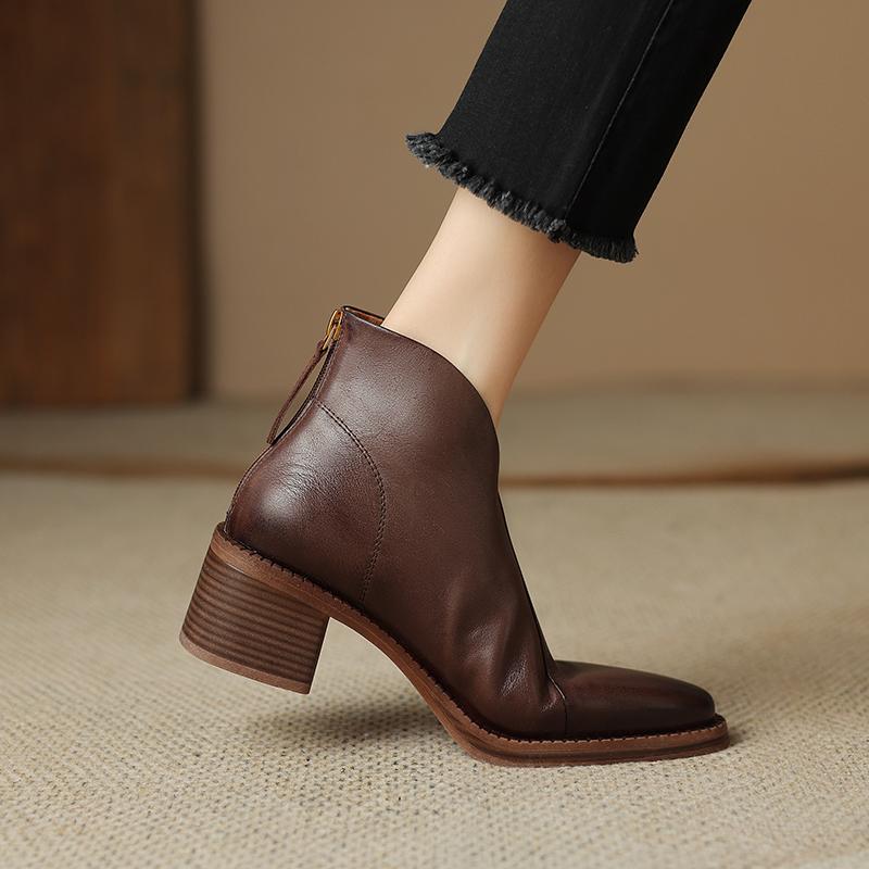 2024 Nové Zralé Dámské Kotníkové Boty pro Ženy Podzim Zima Pravá Kůže Vysoké Podpatky Zadní Zip Pracovní Obuv Žena Základní