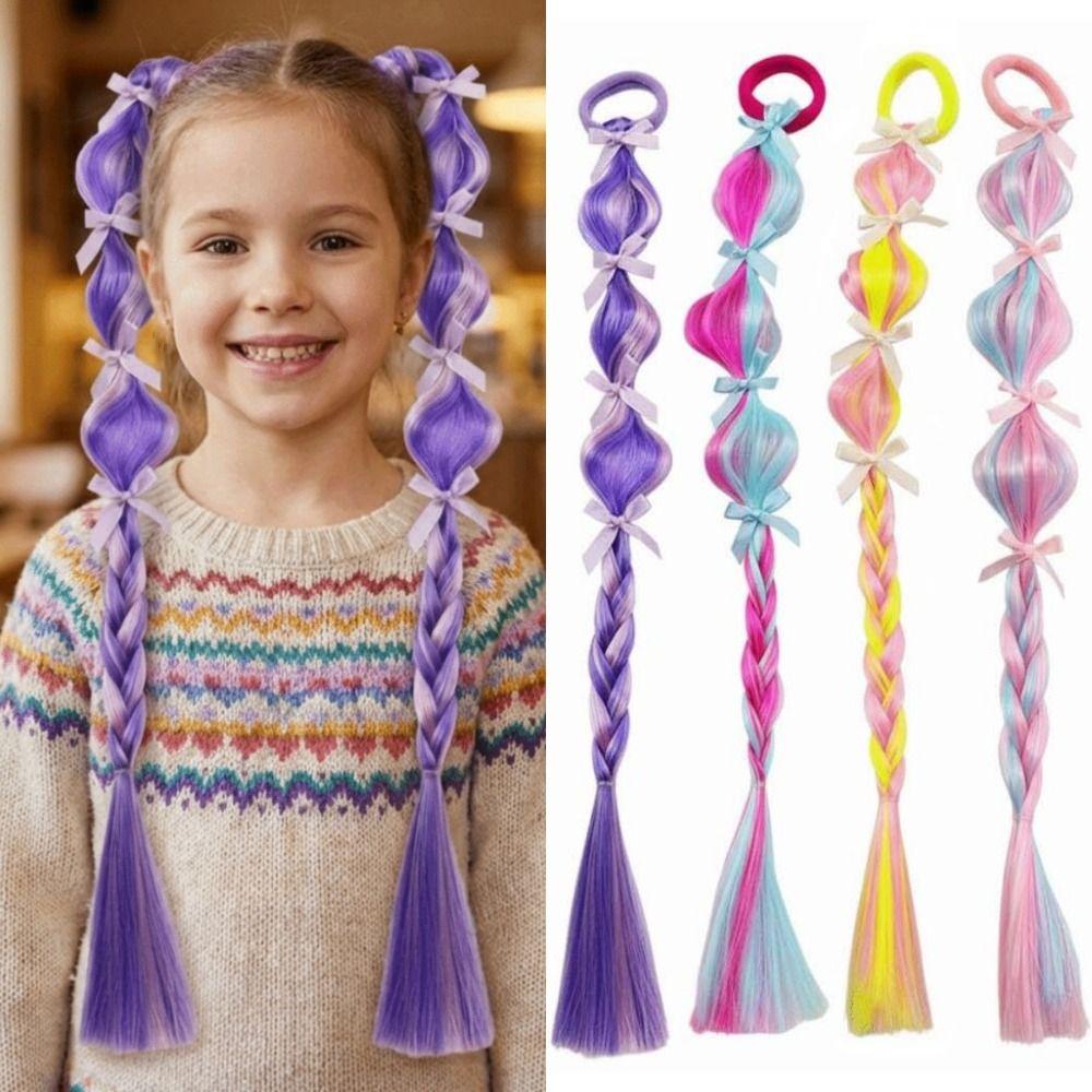 2Pcs Hair Extension Stage Painted Hair Ties Synthetic Girls Bow Wig Hairbands Party