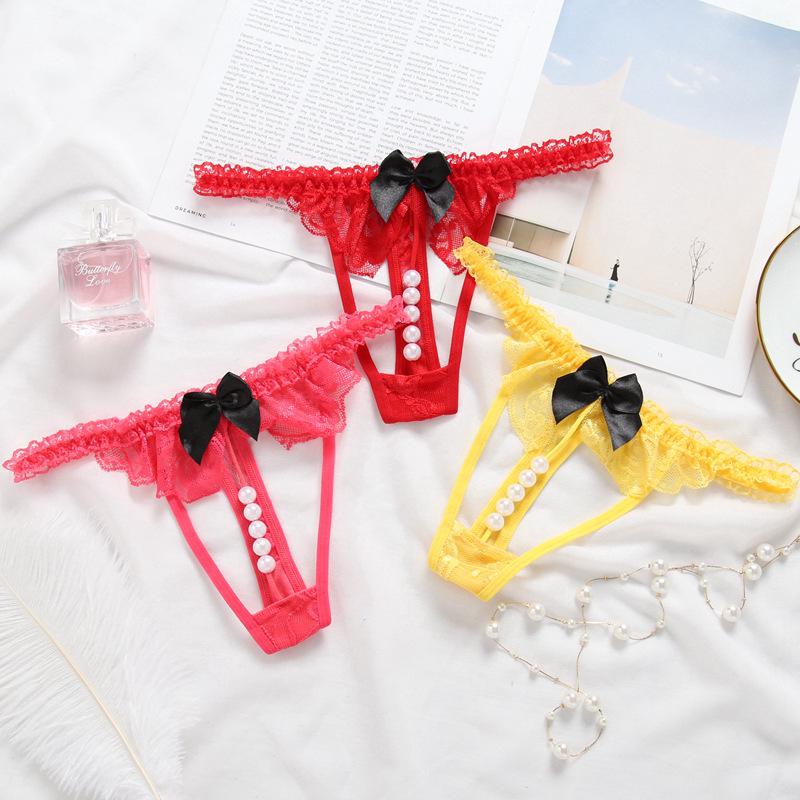 Women's Lace Trim Bow Thong: Hollow Out, Transparent, Low Waist Pearl Panties