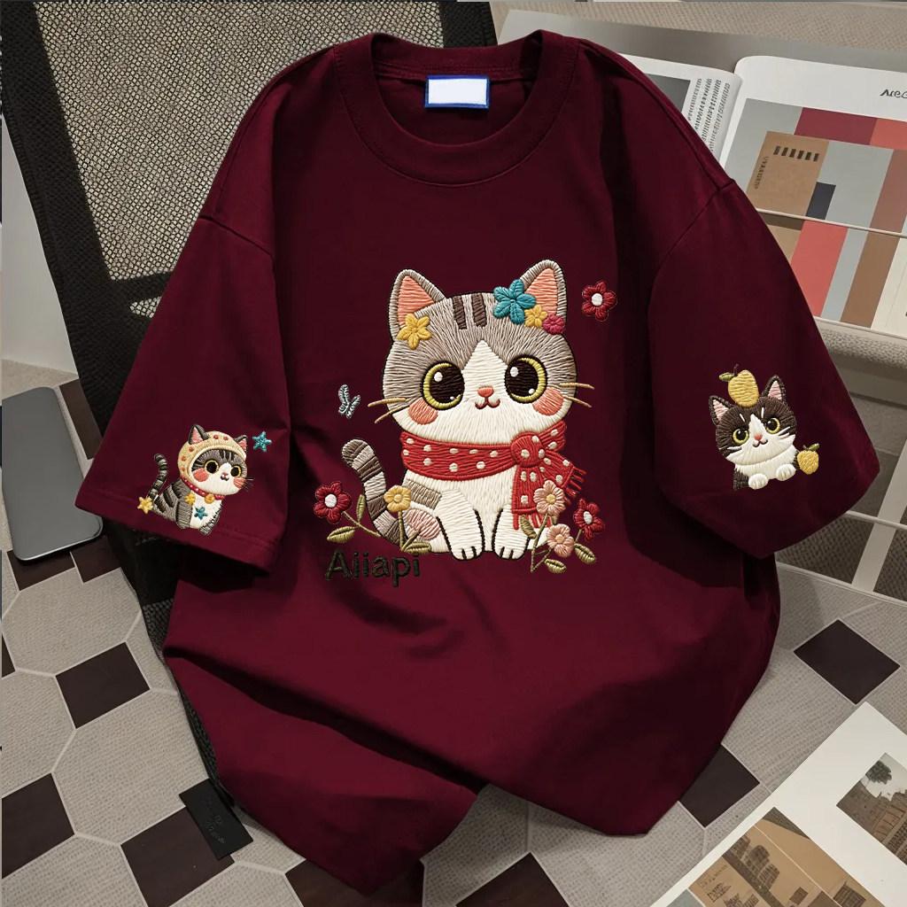 Women's O Neck Short Sleeve Tee Loose Fit Korean Style Cartoon Cat Embroidery Casual Top