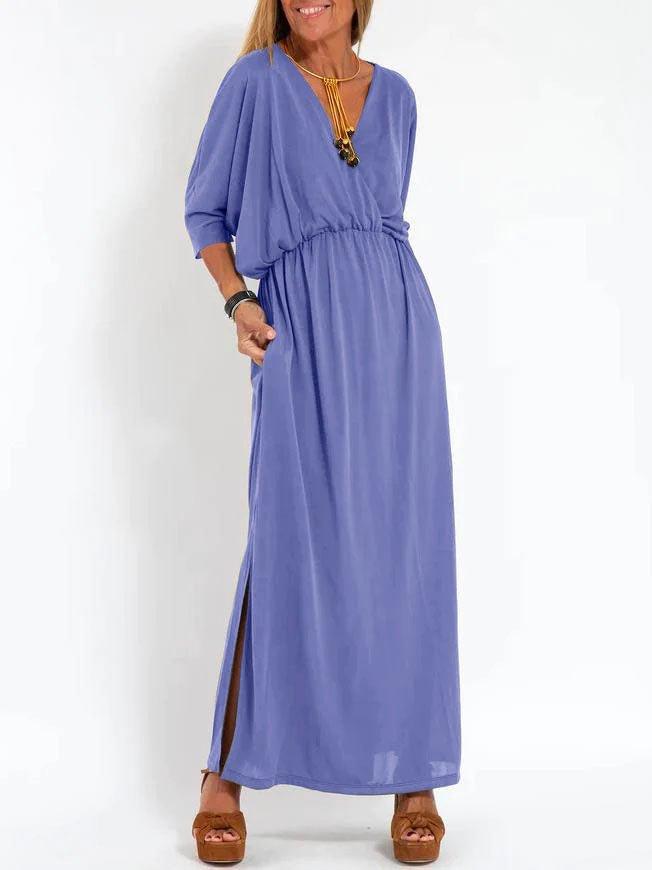 European And American Style Summer New Products, Fashionable Solid Color High-Waisted Split V-Neck Dress