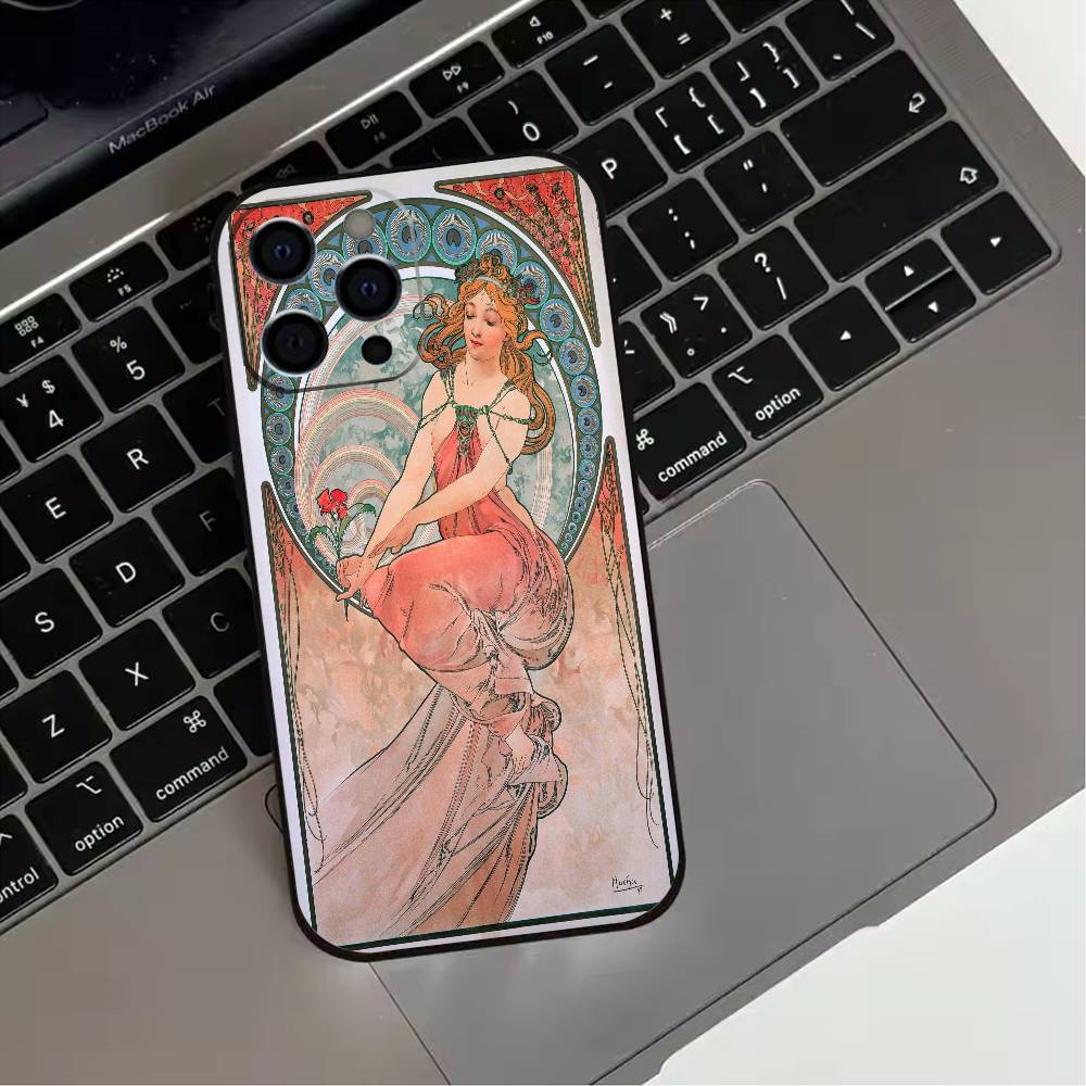 

V-Vintage A-Alphonse Mucha Phone Case For iPhone 17,16,15,14,13,12,11 Plus,Pro Max,XS,Soft Silicone Black Cover iPhone15
