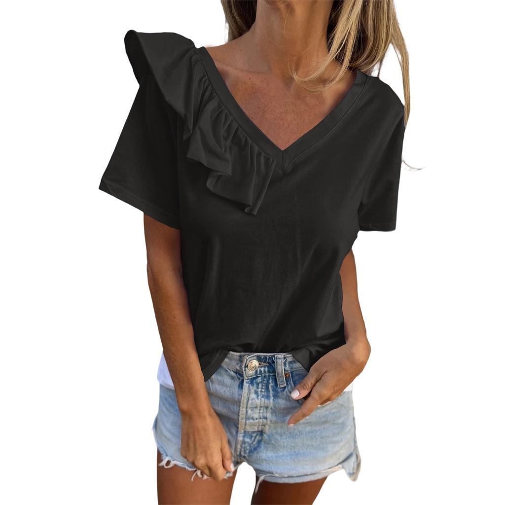 Women's Fashion Solid Color V-Neck Short Sleeve T-Shirt With Half Ruffle Shirt