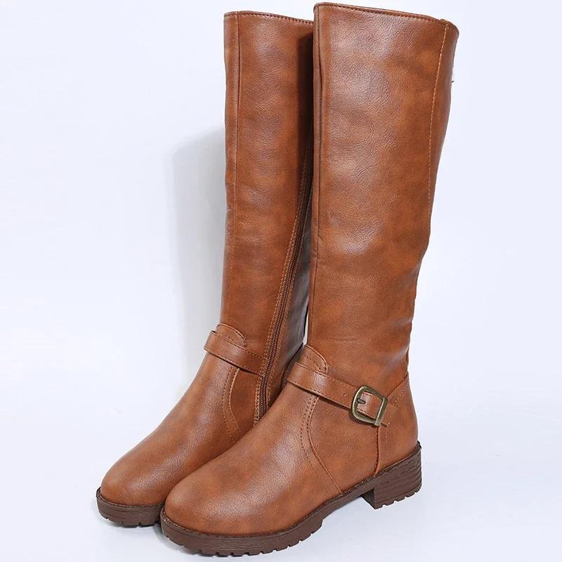 Stivali Al Ginocchio Marroni Vintage da Donna Taglia Grande Tacco Basso Plateau Stivali Lunghi Autunno Inverno Pelle PU Zip Stivaletti Caldi da Donna